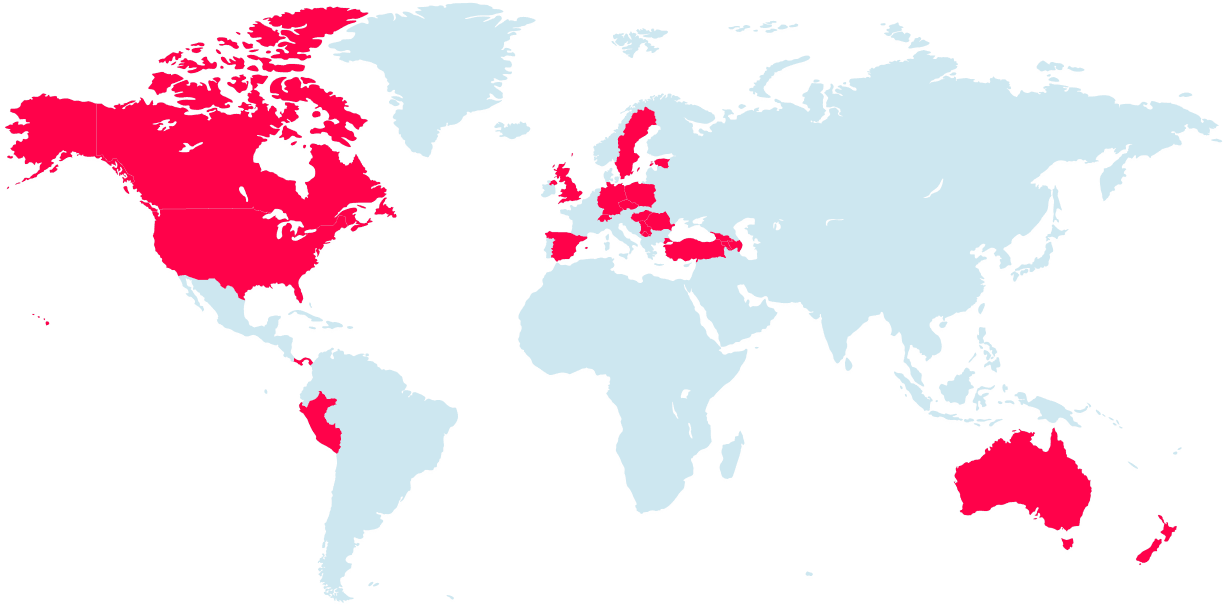 Een wereldkaart met de actieve landen rood gemarkeerd